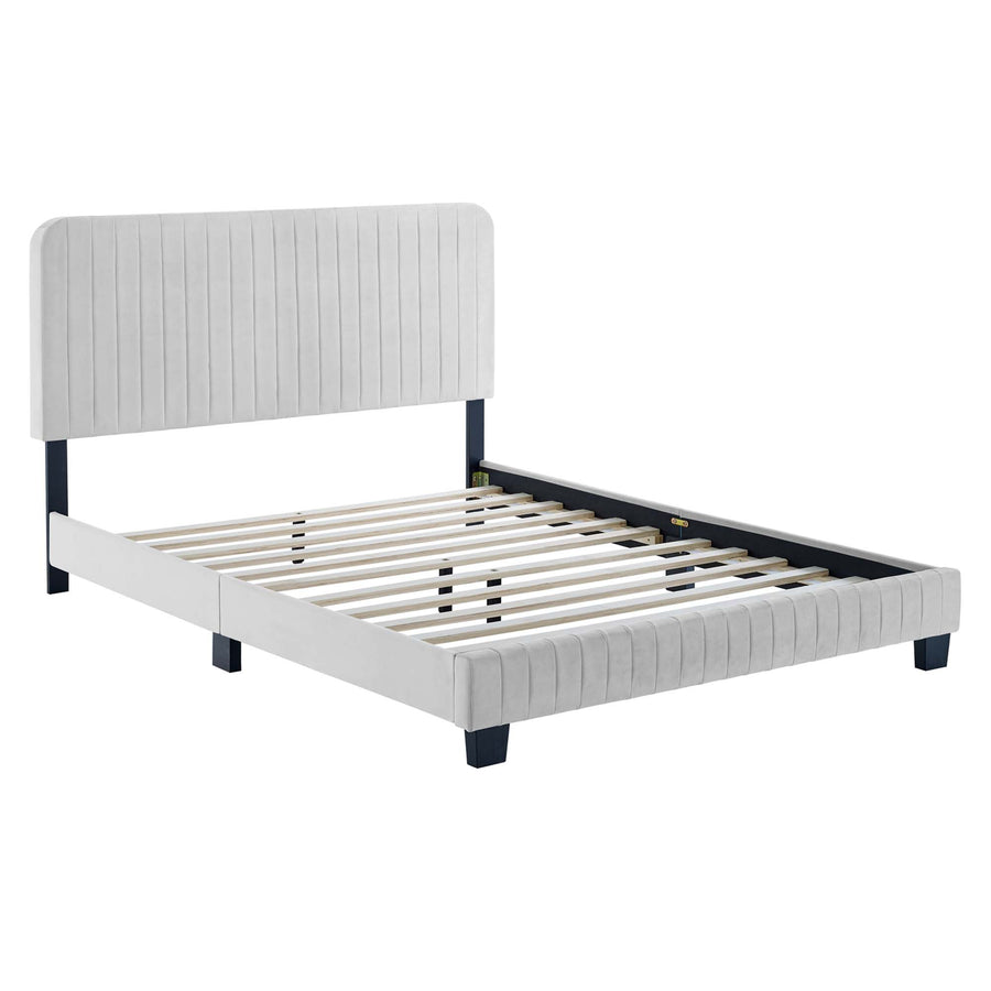 Sutton Channel Tufted Performance Velvet Queen Platform Bed in Light Gray