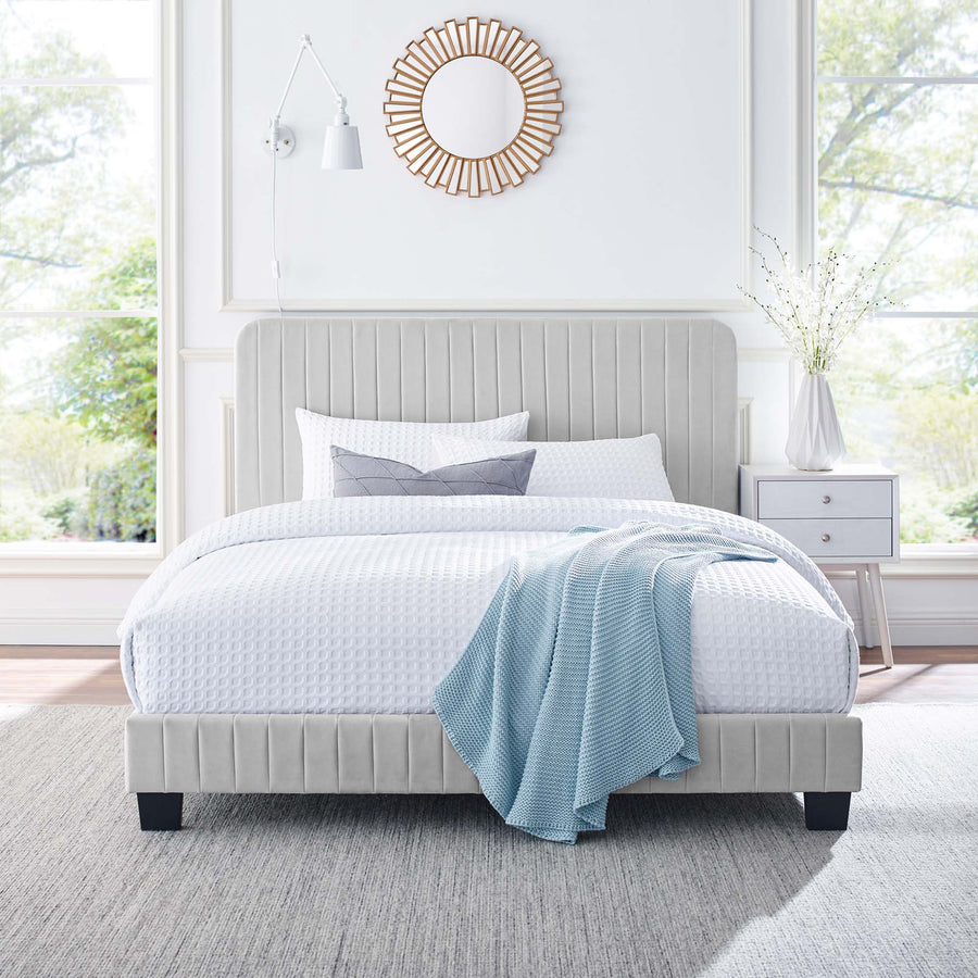 Sutton Channel Tufted Performance Velvet Queen Platform Bed in Light Gray