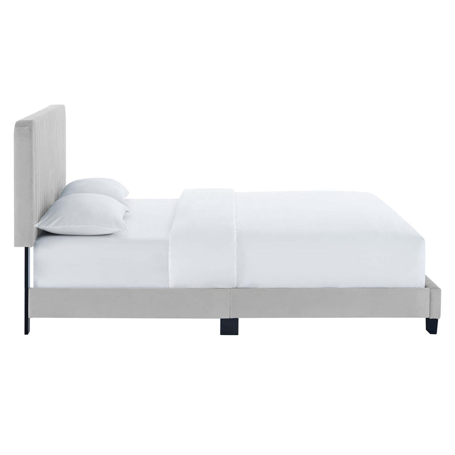 Sutton Channel Tufted Performance Velvet Twin Platform Bed in Light Gray