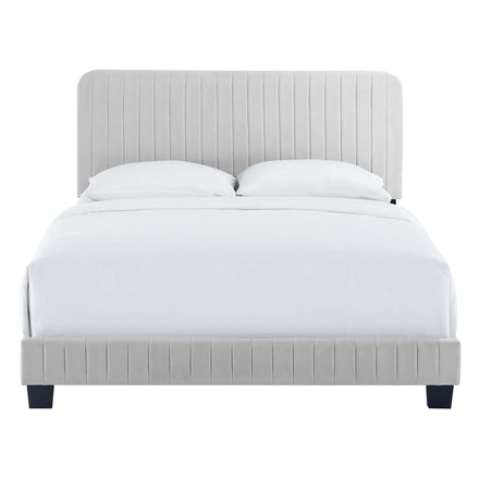 Celine Channel Tufted Performance Velvet Twin Platform Bed in Light Gray