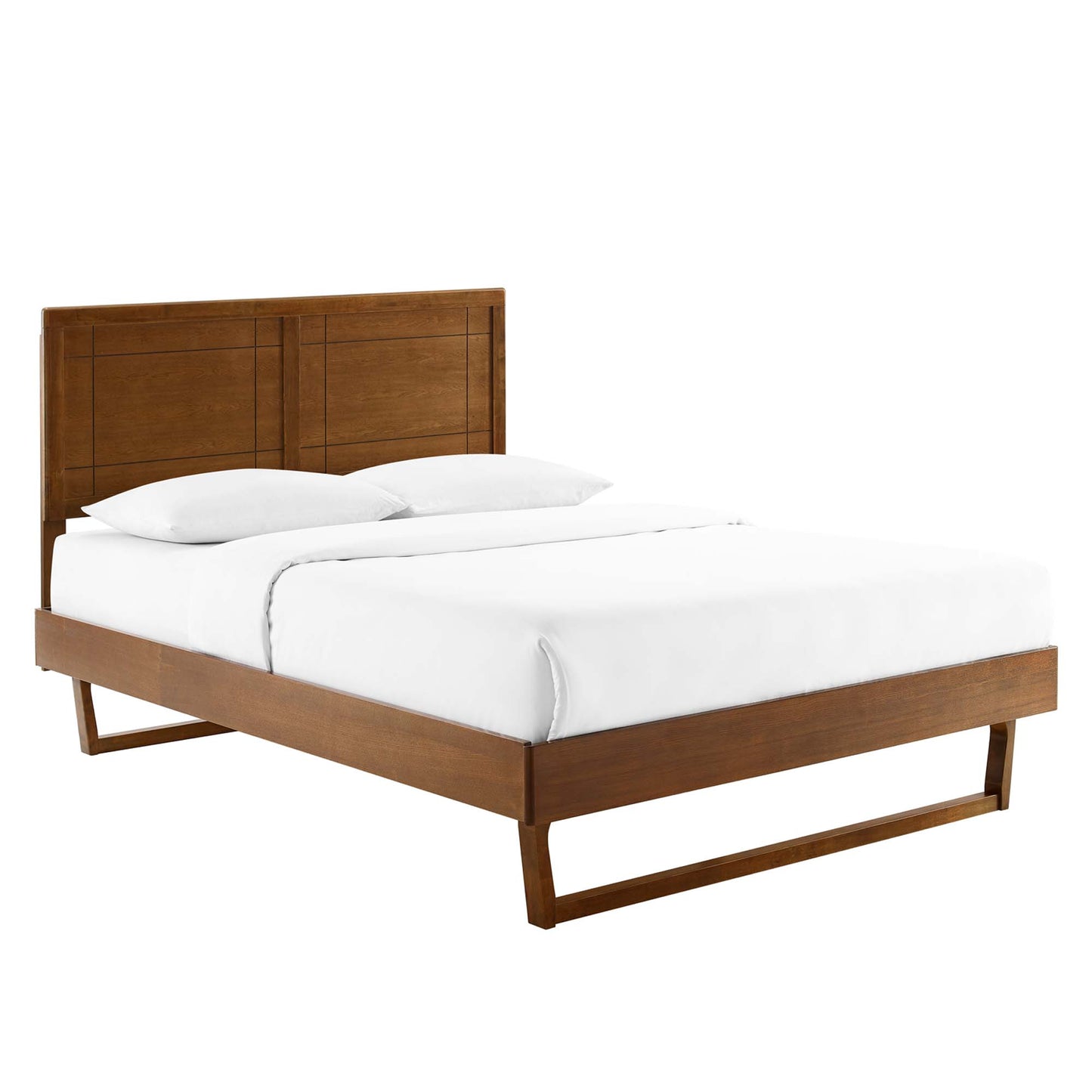 Rattan Wood Queen Platform Bed With Angular Frame in Walnut