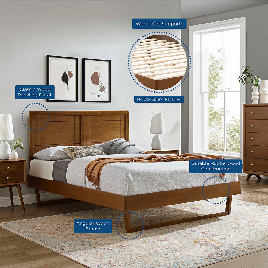 Rattan Wood Queen Platform Bed With Angular Frame in Walnut