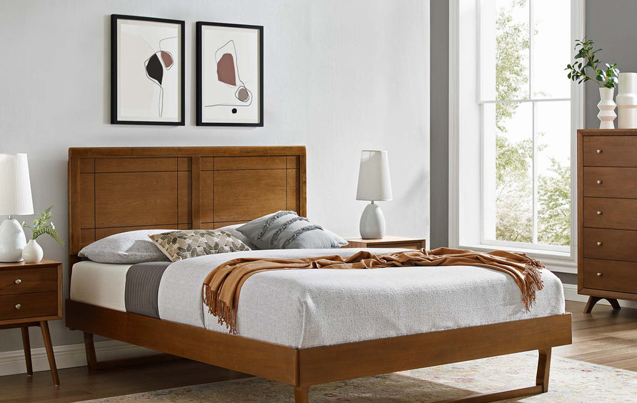 Rattan Wood Queen Platform Bed With Angular Frame in Walnut
