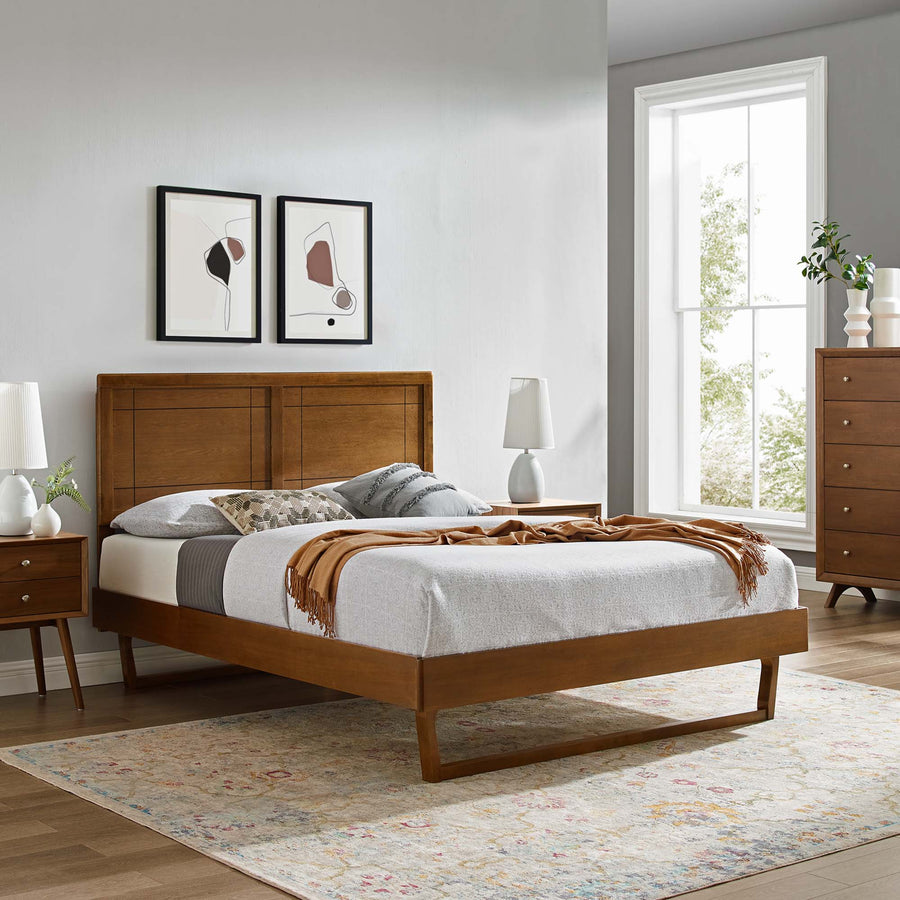 Rattan Wood Queen Platform Bed With Angular Frame in Walnut