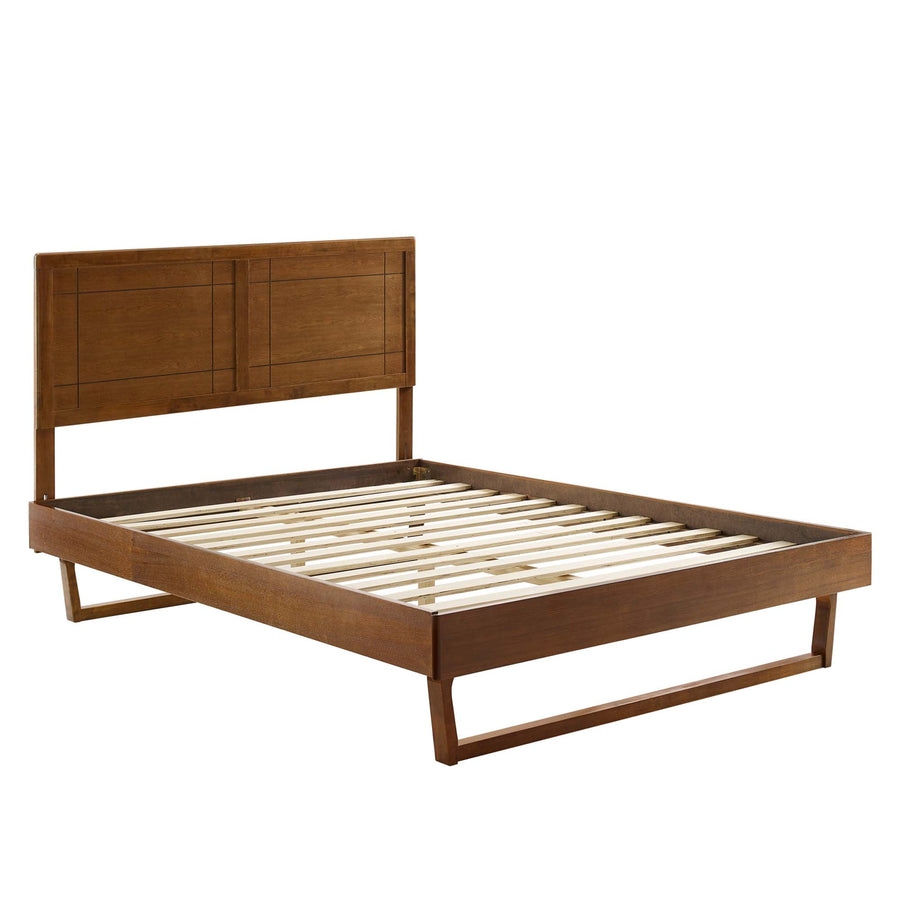 Rattan Wood Queen Platform Bed With Angular Frame in Walnut