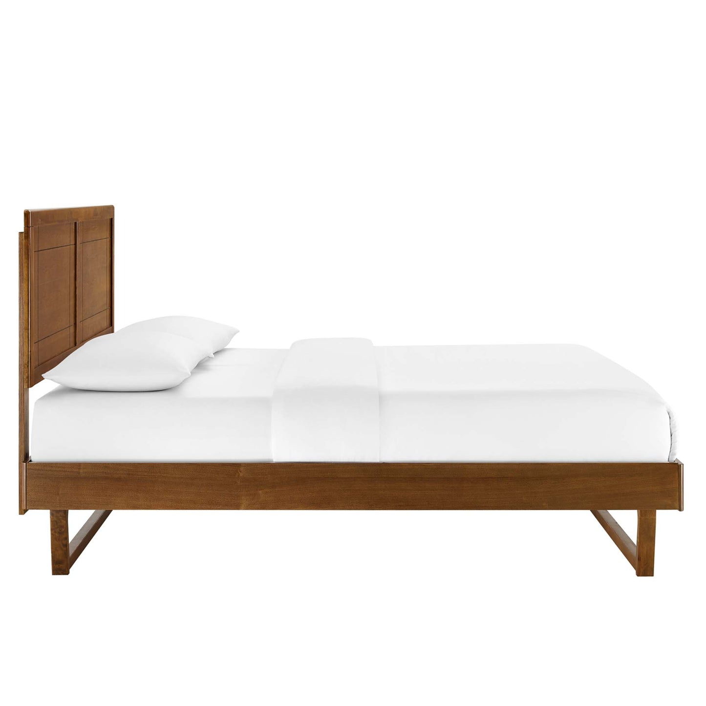 Rattan Wood Queen Platform Bed With Angular Frame in Walnut