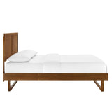 Rattan Wood Queen Platform Bed With Angular Frame in Walnut