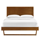 Rattan Wood Queen Platform Bed With Angular Frame in Walnut