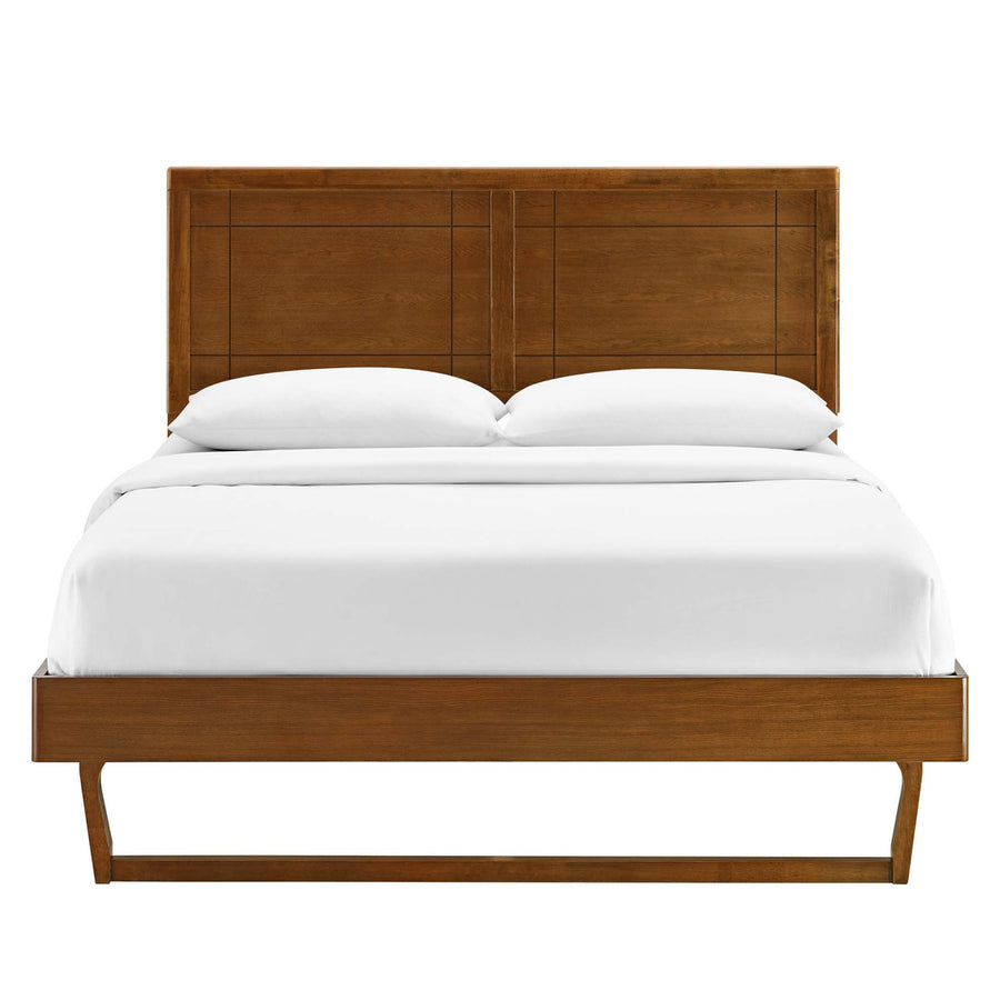 Rattan Wood Queen Platform Bed With Angular Frame in Walnut