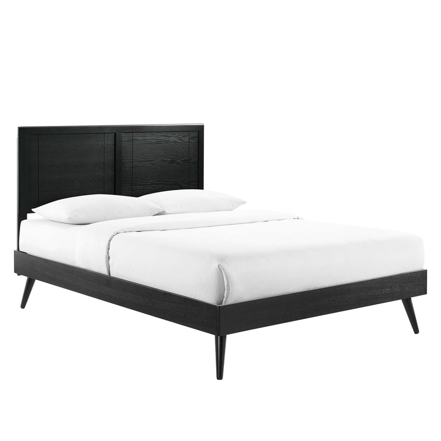 Rattan Wood Queen Platform Bed With Splayed Legs in Black