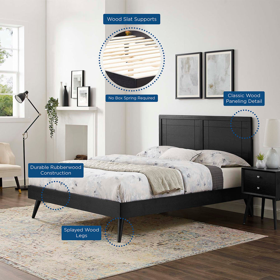 Rattan Wood Queen Platform Bed With Splayed Legs in Black