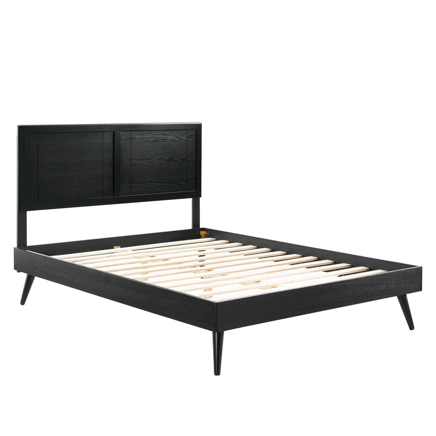 Rattan Wood Queen Platform Bed With Splayed Legs in Black