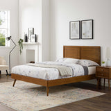Rattan Wood Queen Platform Bed With Splayed Legs in Walnut