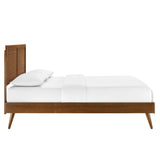 Rattan Wood Queen Platform Bed With Splayed Legs in Walnut