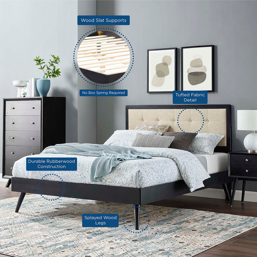 Petal Wood Queen Platform Bed With Splayed Legs in Black Beige