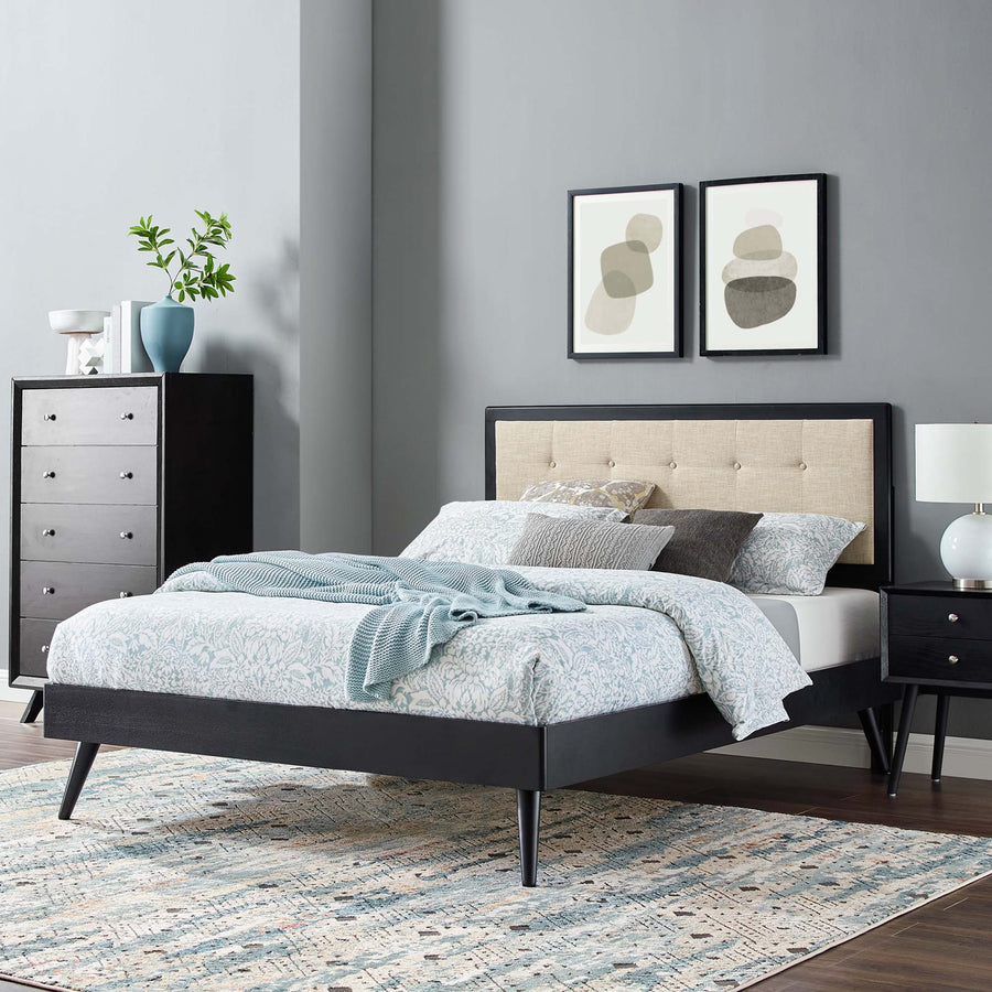 Petal Wood Queen Platform Bed With Splayed Legs in Black Beige
