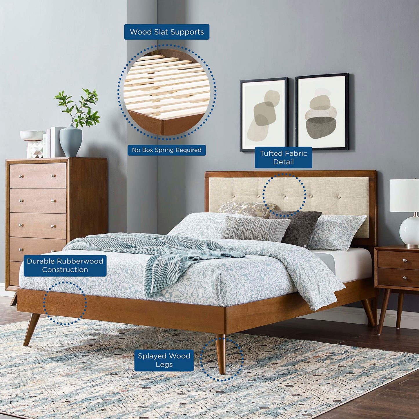 Willow Wood Queen Platform Bed With Splayed Legs by Furniture For America