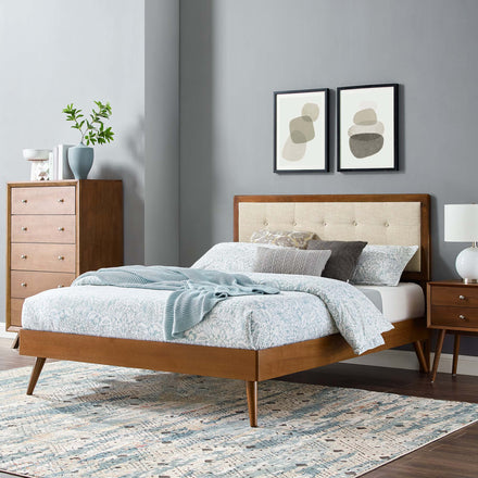 Willow Wood Queen Platform Bed With Splayed Legs in Walnut Beige