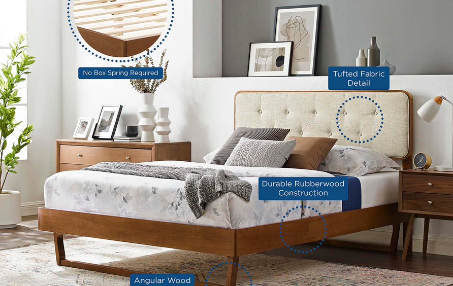 Linen Wood Queen Platform Bed With Angular Frame in Walnut Beige
