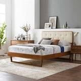 Linen Wood Queen Platform Bed With Angular Frame in Walnut Beige