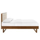 Linen Wood Queen Platform Bed With Angular Frame in Walnut Beige