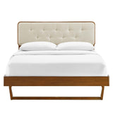 Linen Wood Queen Platform Bed With Angular Frame in Walnut Beige