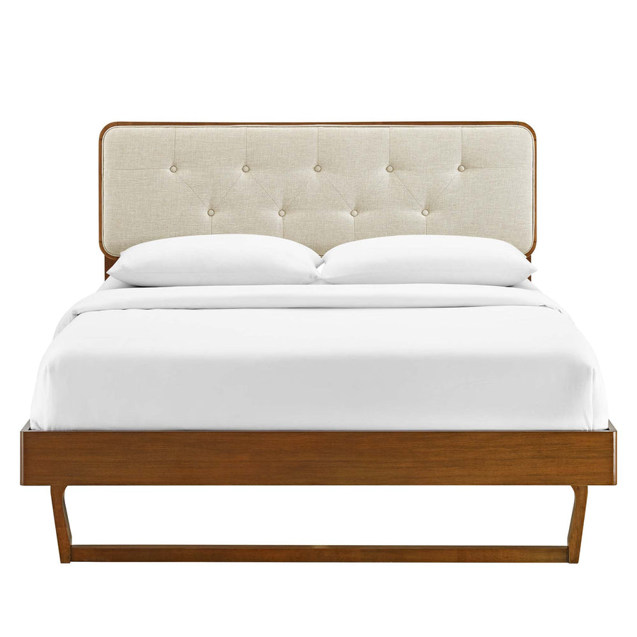 Linen Wood Queen Platform Bed With Angular Frame in Walnut Beige