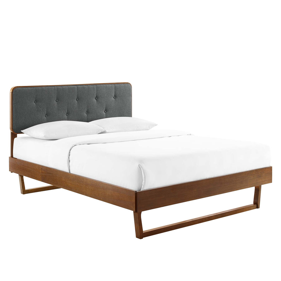 Linen Wood Queen Platform Bed With Angular Frame in Walnut Charcoal