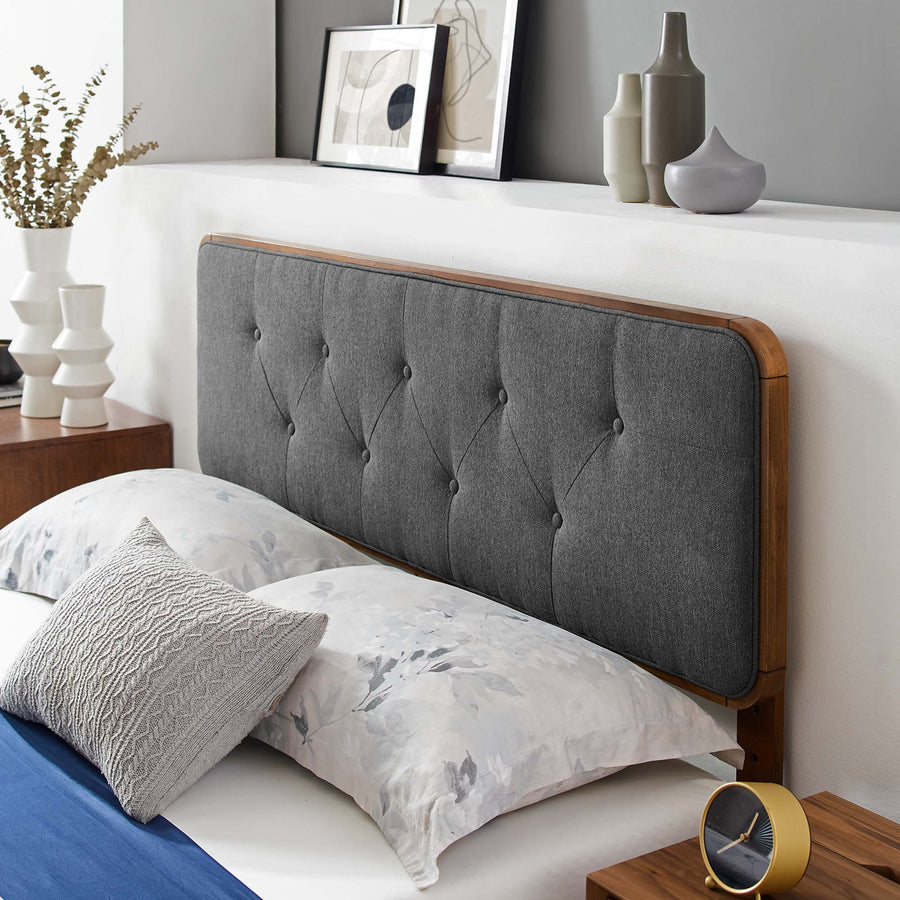 Linen Wood Queen Platform Bed With Angular Frame in Walnut Charcoal