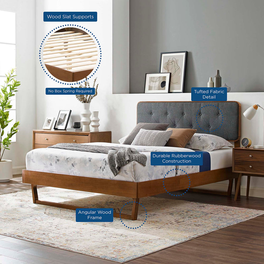 Linen Wood Queen Platform Bed With Angular Frame in Walnut Charcoal