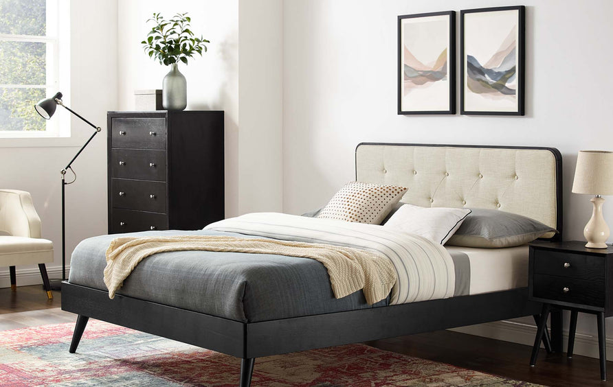 Linen Wood Queen Platform Bed With Splayed Legs in Black Beige