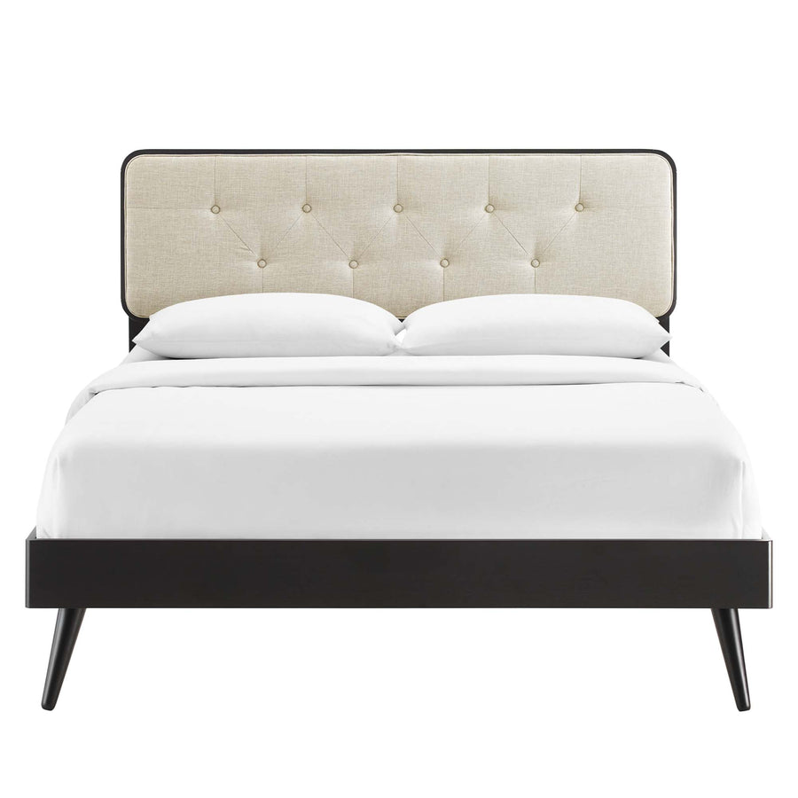 Linen Wood Queen Platform Bed With Splayed Legs in Black Beige