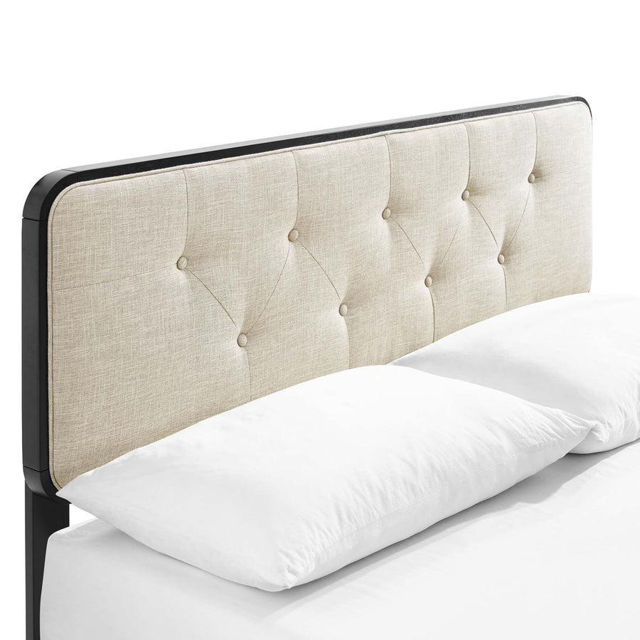 Linen Wood Queen Platform Bed With Splayed Legs in Black Beige