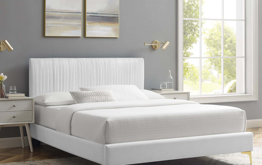 Glen Performance Velvet Queen Platform Bed in White