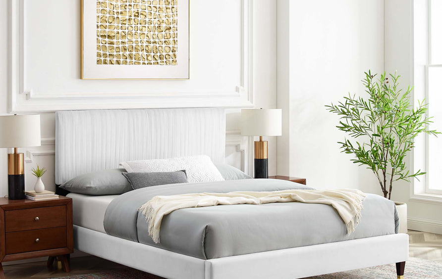 Glen Performance Velvet Queen Platform Bed in White