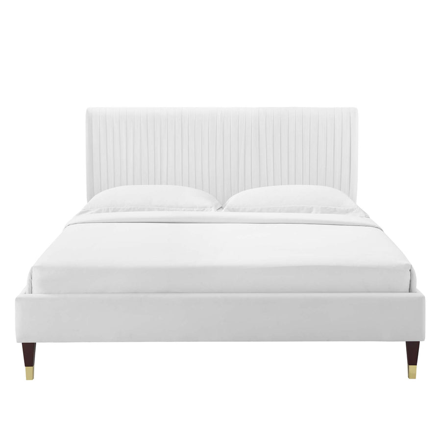Glen Performance Velvet Queen Platform Bed in White