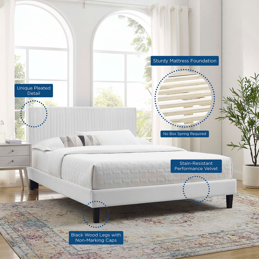 Glen Performance Velvet Queen Platform Bed in White