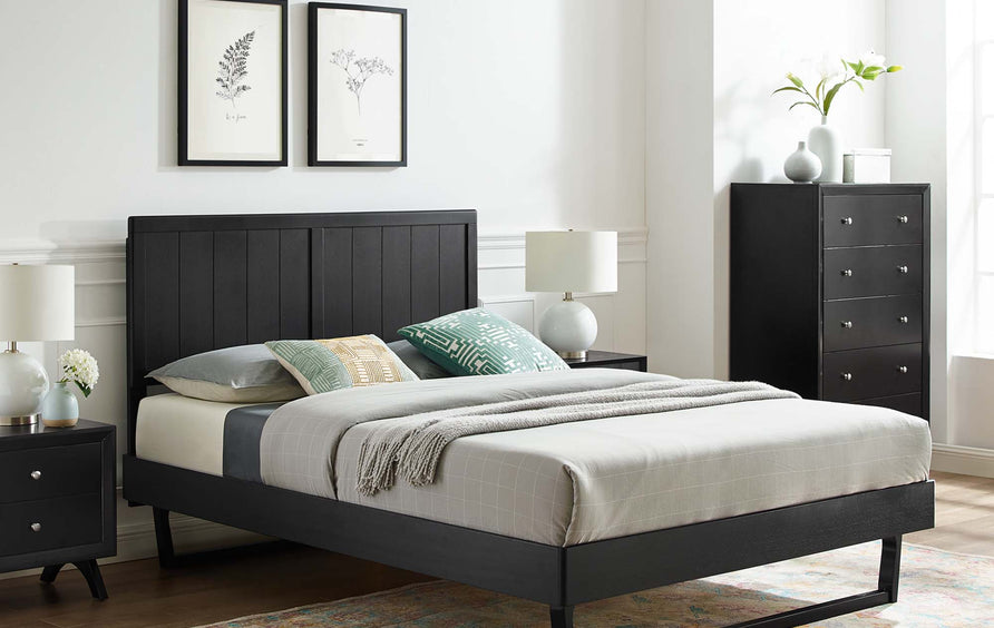 Granite Wood Full Platform Bed With Angular Frame in Black