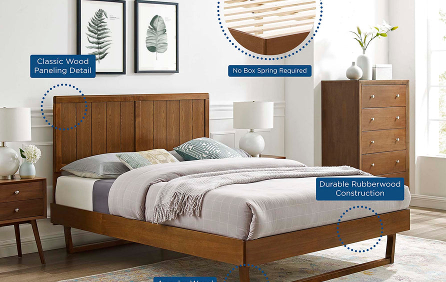 Granite Wood King Platform Bed With Angular Frame in Walnut