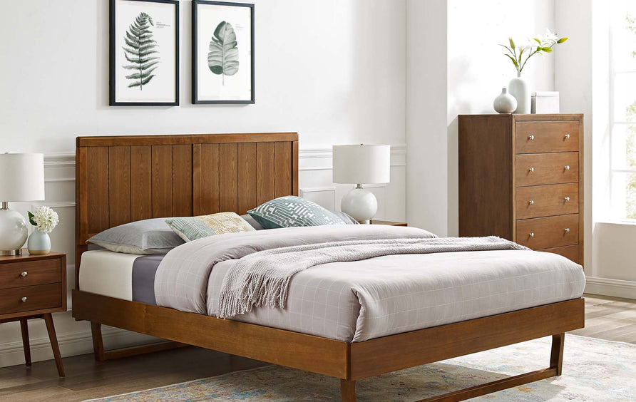 Granite Wood Twin Platform Bed With Angular Frame in Walnut