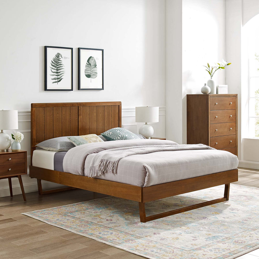 Granite Wood Twin Platform Bed With Angular Frame in Walnut