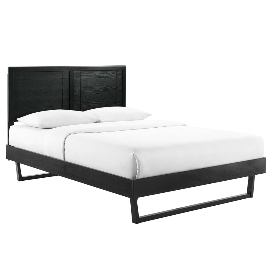 Rattan Wood Full Platform Bed With Angular Frame in Black