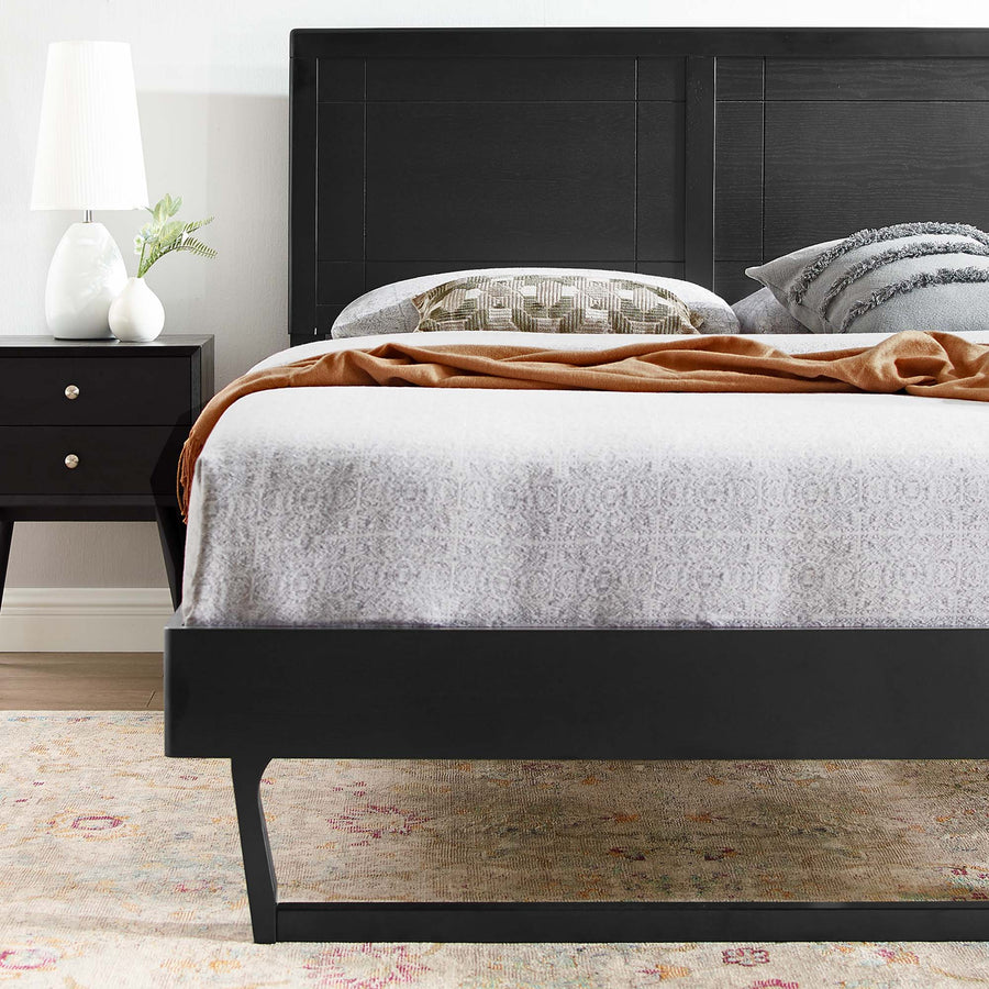 Rattan Wood Full Platform Bed With Angular Frame in Black