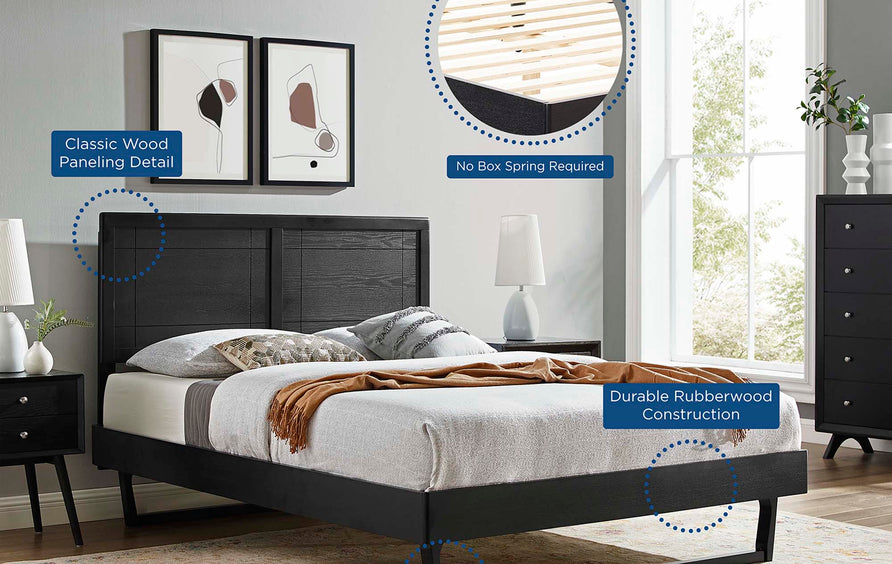 Rattan Wood Full Platform Bed With Angular Frame in Black