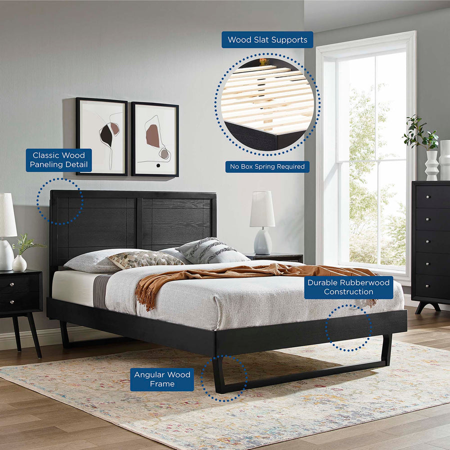 Rattan Wood Full Platform Bed With Angular Frame in Black