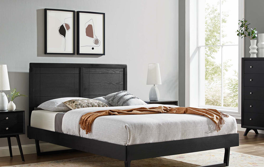 Rattan Wood Full Platform Bed With Angular Frame in Black