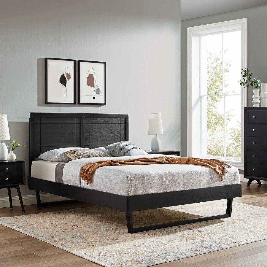 Rattan Wood Full Platform Bed With Angular Frame in Black