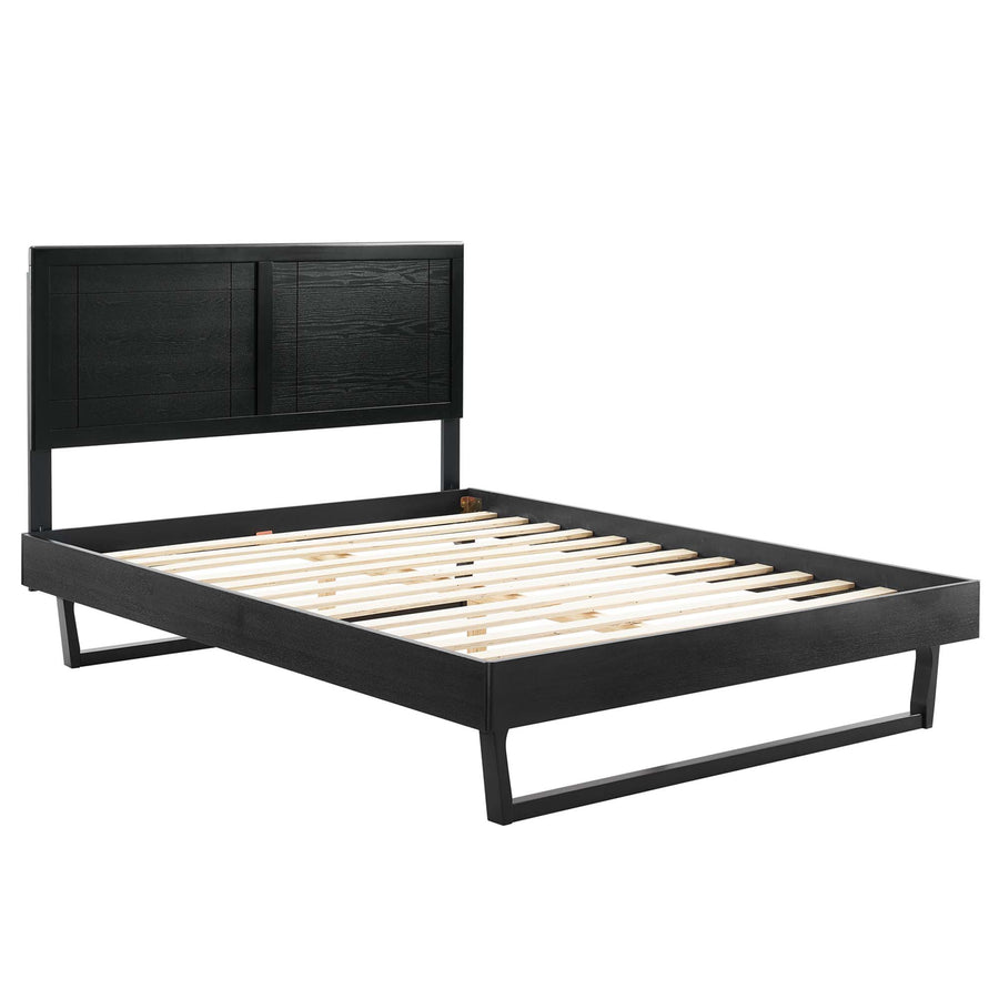Rattan Wood Full Platform Bed With Angular Frame in Black