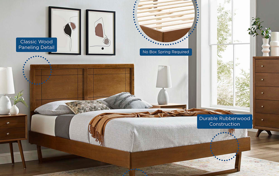 Rattan Wood Twin Platform Bed With Angular Frame in Walnut