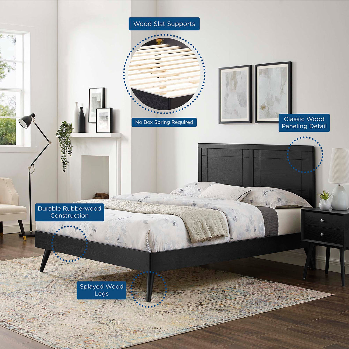 Marlee Wood King Platform Bed With Splayed Legs in Black